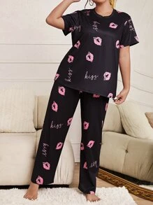 Plus Lip & Letter Graphic PJ Set / Pajama Set - Black - View 3