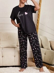 SHEIN Plus Heart & Letter Graphic Top & Pants PJ Set, Pajama Set - Black - View 5
