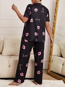 Plus Lip & Letter Graphic PJ Set / Pajama Set - Black - View 2