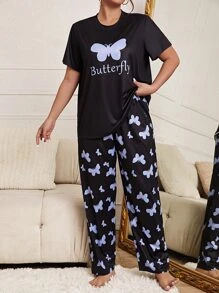 Conjunto de pijama con estampado de mariposa y letra - Negro - Ver 1