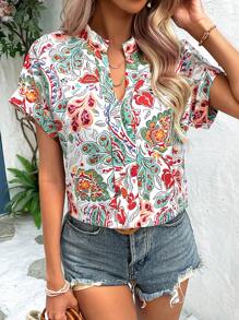SHEIN VCAY Paisley Print Notched Neck Batwing Sleeve Beach Blouse - White - View 6