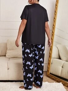 Conjunto de pijama con estampado de mariposa y letra - Negro - Ver 2