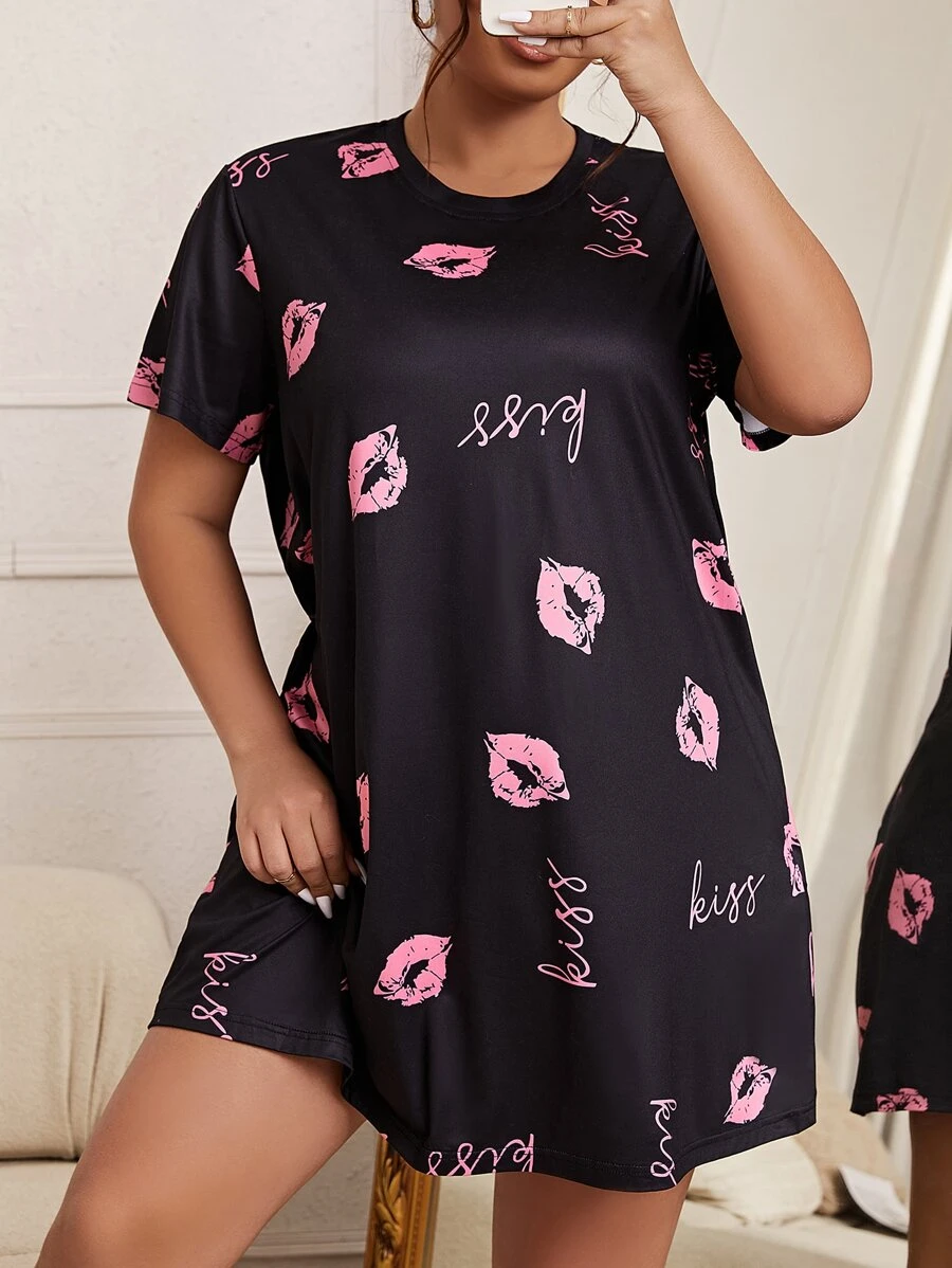 Plus Lip & Letter Graphic Nightdress - Black - View 1