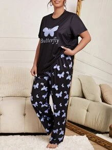 Conjunto de pijama con estampado de mariposa y letra - Negro - Ver 3
