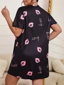 Plus Lip & Letter Graphic Nightdress - Black - View 2