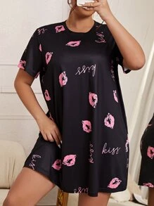 Plus Lip & Letter Graphic Nightdress - Black - View 3