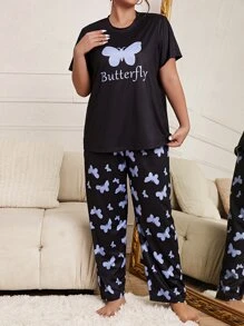 Conjunto de pijama con estampado de mariposa y letra - Negro - Ver 4