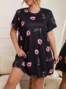 Plus Lip & Letter Graphic Nightdress - Black - View 4