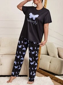 Conjunto de pijama con estampado de mariposa y letra - Negro - Ver 5