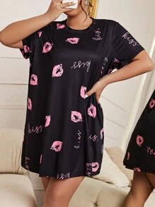 Plus Lip & Letter Graphic Nightdress - Black - View 5
