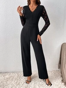 SHEIN Frenchy Contrast Lace V Neck Jumpsuit - Black - View 1