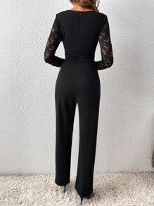 SHEIN Frenchy Contrast Lace V Neck Jumpsuit - Black - View 2