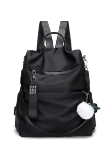 牛津布休闲单肩包，女士尼龙零钱包，手提包，妈妈防水包，酒吧客防盗背包，女士新年礼物，大容量双肩包，带绒球吊饰，适合女孩、小学生/高中生/大学生、毕业生，返校必备 - 黑色 - 查看 3