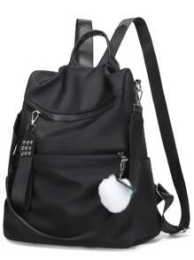 牛津布休闲单肩包，女士尼龙零钱包，手提包，妈妈防水包，酒吧客防盗背包，女士新年礼物，大容量双肩包，带绒球吊饰，适合女孩、小学生/高中生/大学生、毕业生，返校必备 - 黑色 - 查看 9