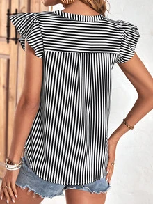 SHEIN LUNE Blusa de rayas de cuello notch de manga mariposa - Blanco y Negro - Ver 2