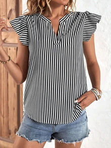 SHEIN LUNE Blusa de rayas de cuello notch de manga mariposa - Blanco y Negro - Ver 3