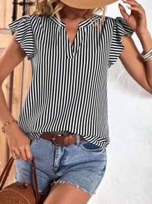 SHEIN LUNE Blusa de rayas de cuello notch de manga mariposa - Blanco y Negro - Ver 5