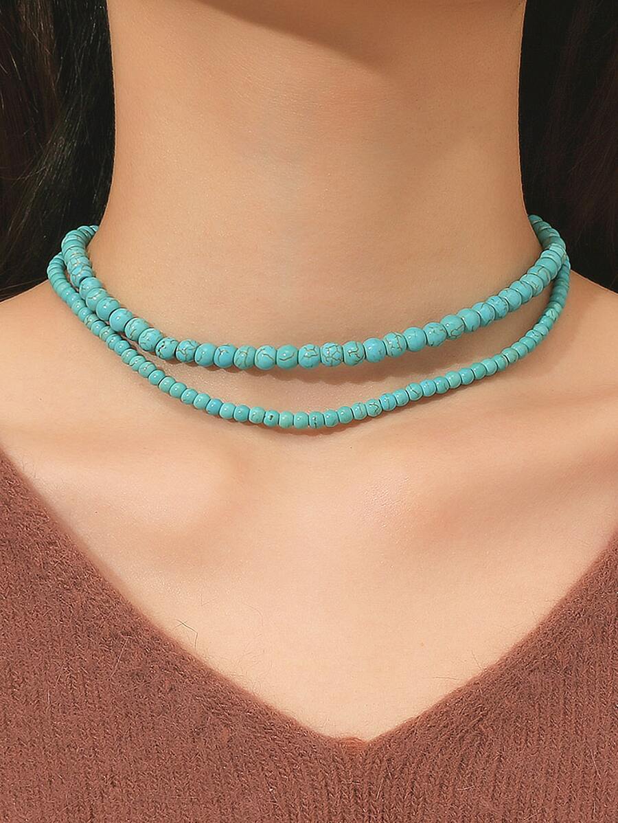 2 cái/bộ Bộ vòng cổ đính cườm màu ngọc lam thời trang - Màu xanh lam - Xem 1