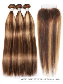 3 PCS Highlight Piano Color Silky Straight Virgin Human Hair Bundles With 4 X 4 Free Part Lace Closure In One Set P4/27# Mixed Bundle And Closure - S4/27 - View 2
