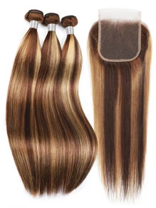 3 PCS Highlight Piano Color Silky Straight Virgin Human Hair Bundles With 4 X 4 Free Part Lace Closure In One Set P4/27# Mixed Bundle And Closure - S4/27 - View 6