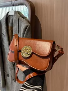 Metal Decor Flap Square Bag - Khaki - View 1