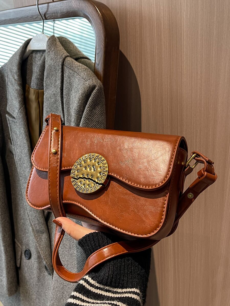 Metal Decor Flap Square Bag - Khaki - View 1