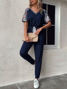 SHEIN LUNE Floral & Geo Print Raglan Sleeve Drawstring Waist Slant Pockets Jumpsuit - Navy Blue - View 5