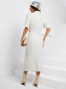 Aveloria Lapel Neck Button Front Blazer & Split Hem Skirt - White - View 2