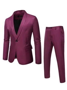 Manfinity Men Shawl Collar Single Button Blazer & Suit Pants - Burgundy - View 1