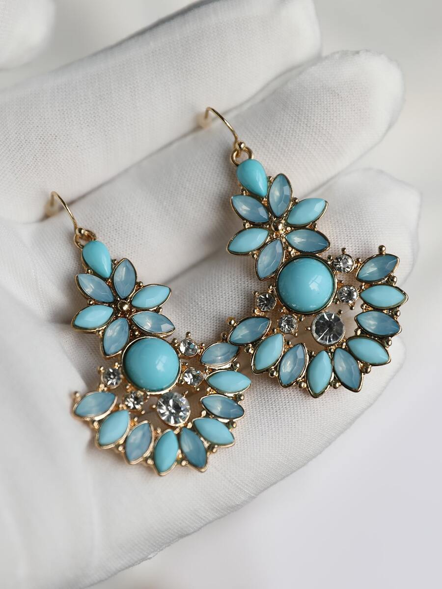 Rhinestone & Flower Decor Drop Earrings - Multicolor - View 1