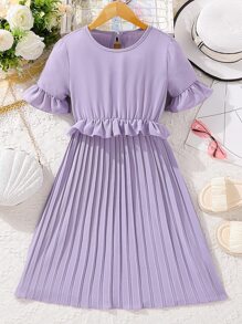 Girls Flounce Sleeve Ruffle Trim Pleated Hem Dress - Mauve Purple - View 1