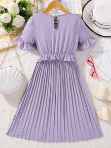Girls Flounce Sleeve Ruffle Trim Pleated Hem Dress - Mauve Purple - View 2