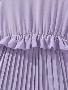 Girls Flounce Sleeve Ruffle Trim Pleated Hem Dress - Mauve Purple - View 4