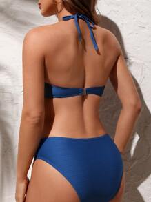 SHEIN Swim 夏季纯色罗纹镂空吊带连体泳衣 - 藏蓝色 - 查看 2