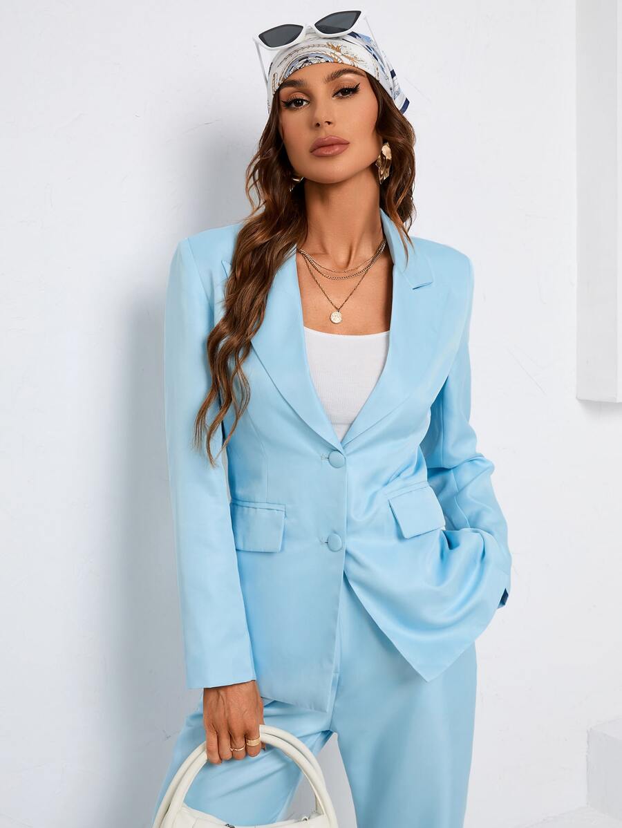 SHEIN Essnce 單排釦西裝領翻蓋細節西裝外套 - 淺藍色 - 查看 1