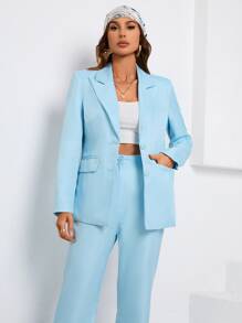 SHEIN Essnce 單排釦西裝領翻蓋細節西裝外套 - 淺藍色 - 查看 4