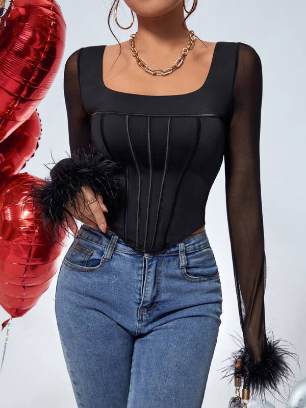 SHEIN BAE Fuzzy Cuff Square Neck Asymmetrical Hem Top SHEIN USA