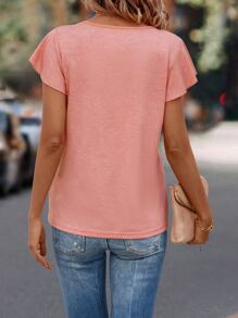 SHEIN LUNE Áo thun nữ Nút Xù màu trơn Giải trí - Màu Hồng  San hô - Xem 2