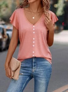 SHEIN LUNE Áo thun nữ Nút Xù màu trơn Giải trí - Màu Hồng  San hô - Xem 3