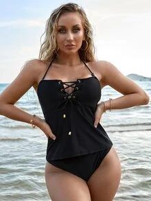 Lace Up Front Halter Tankini Summer Beach - Black - View 3