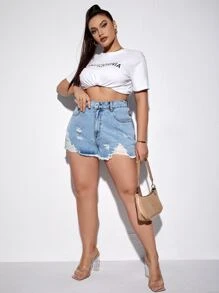 SHEIN SXY Quần short denim oversized Túi Hem thô Bị tách màu trơn - Rửa nhẹ - Xem 3