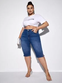 SHEIN SXY 大碼高腰漂白水洗七分緊身牛仔褲 - 深色水洗藍 - 查看 5