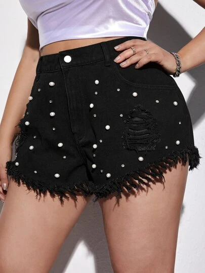 SHEIN 大碼珍珠串珠毛邊牛仔短褲