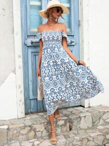 GENKIRA Đầm Xù Dải chun Tất cả trên in Boho - Xanh và trắng - Xem 6