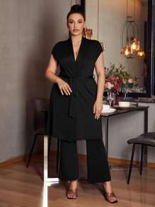 SHEIN Privé 大碼素色腰帶外套和喇叭褲