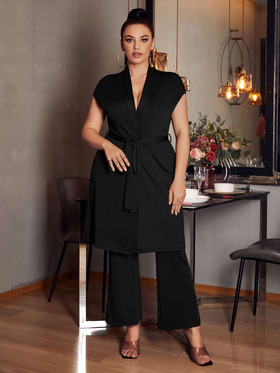 SHEIN Privé 大碼素色腰帶外套和喇叭褲