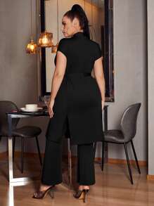 SHEIN Privé 大碼素色腰帶外套和喇叭褲