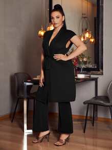 SHEIN Privé 大碼素色腰帶外套和喇叭褲