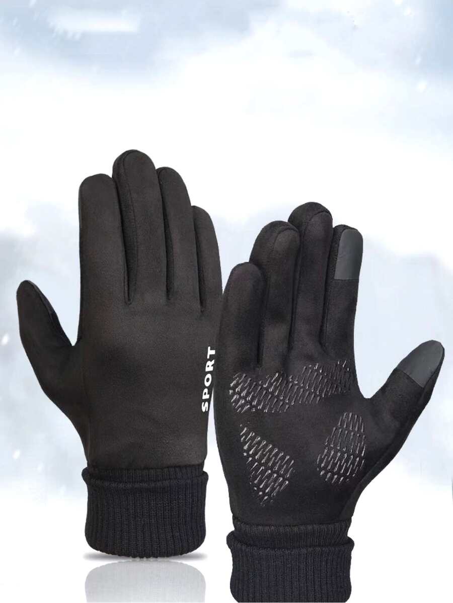 Men Letter Graphic Gloves - Black - View 1