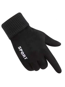 Men Letter Graphic Gloves - Black - View 2